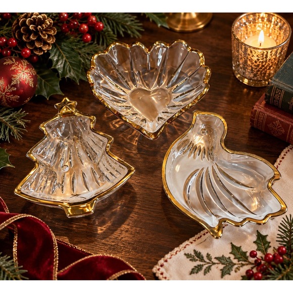 Heart Hips Other - Vintage Gold Trim Glass Christmas Dishes Heart Dove Tree Set of 3 Holida